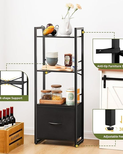 Yoobure Bookshelf, 4 Tier Book Shelf with Drawer, Small Bookcase Narrow Book Case, Industrial Bookshelves Shelf for Bedroom Living Room Office, Book Storage Organizer for CD/Movie Black - LeafyLoom
