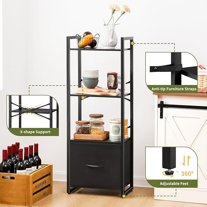 Yoobure Bookshelf, 4 Tier Book Shelf with Drawer, Small Bookcase Narrow Book Case, Industrial Bookshelves Shelf for Bedroom Living Room Office, Book Storage Organizer for CD/Movie Black - LeafyLoom