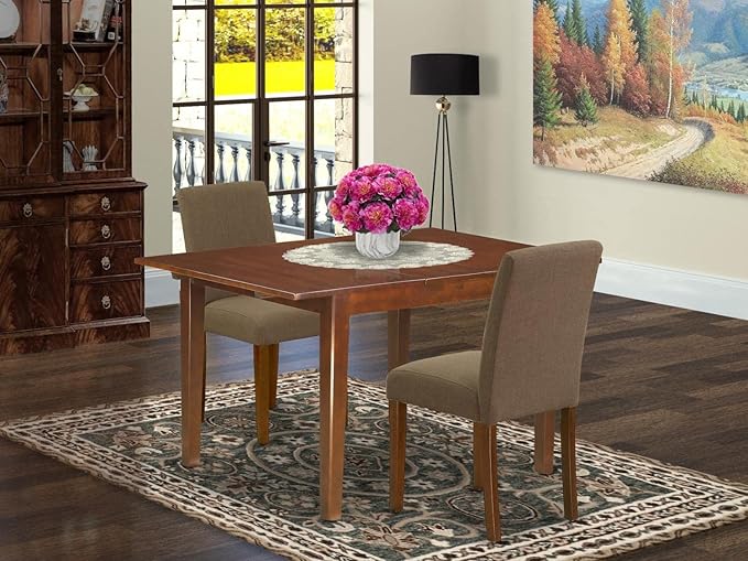 East West Furniture MLAB3-MAH-18 Milan 3 Piece Dinette Set for Small Spaces Contains a Rectangle Dining Table with Butterfly Leaf and 2 Coffee Linen Fabric Parson Chairs, 36x54 Inch - LeafyLoom