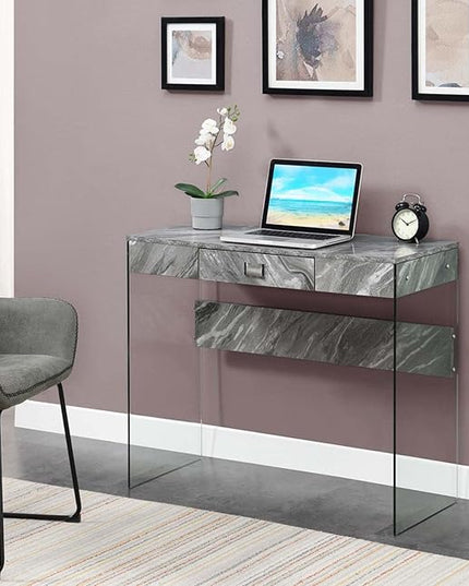 Convenience Concepts SoHo 1 Drawer Glass 36 inch Desk, Gray Faux Marble/Glass - LeafyLoom