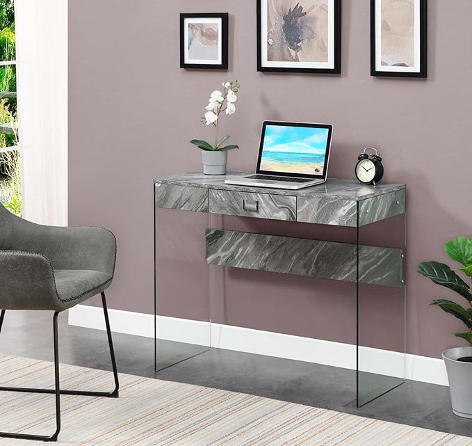 Convenience Concepts SoHo 1 Drawer Glass 36 inch Desk, Gray Faux Marble/Glass - LeafyLoom