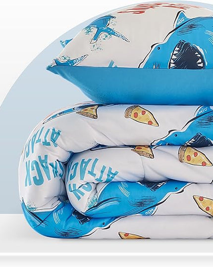 SLEEP ZONE Jersey Knit 3-Piece Full/Queen Size Comforter Set, Lightweight Kids Bedding Sets for All Seasons, Fluffy Soft, Easy Care (Sharks, Full/Queen) - LeafyLoom