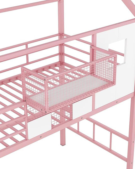Twin Size Metal Loft Bed with roof Design and a Storage Box,House Shaped Stairway Metal Bedframe w/Guardrail & Roof Design, for Kids Boys Girls Bedroom, Pink - LeafyLoom