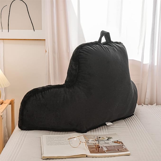 A Nice Night Faux Fur Reading Pillow Bed Wedge Large Adult Children Backrest with Arms Back Support for Sitting Up in Bed/Couch for Bedrest,Black,Large - LeafyLoom