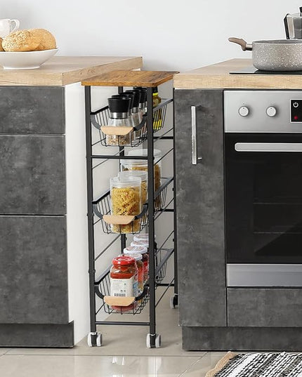 Slim Rolling Storage Cart,4-Tier Rolling Kitchen Cart,Narrow Utility Cart with Pull-Out Basket and Wooden Top,for Ktichen,Bathroom,Laundry Room,Small Space,Rustic Brown - LeafyLoom