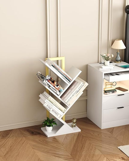 Yusong Tree Bookshelf, 5-Tier Small Bookcase with Metal Frame, Geometric Floor Standing Books Shelves Wooden Shelf for Office Desk Bedroom Tabletop Living Room White - LeafyLoom