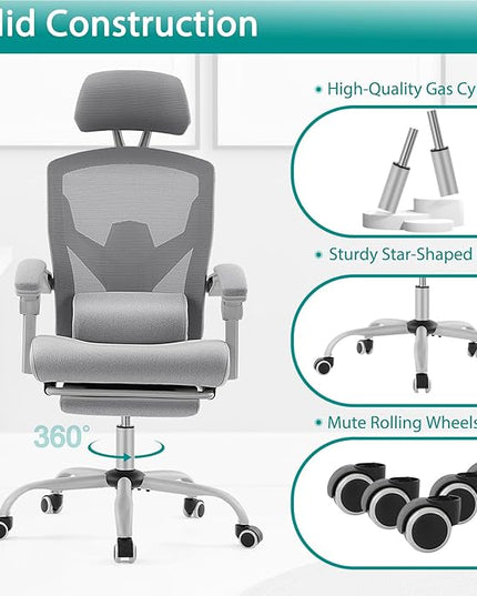 MCQ Office Computer Desk Chair, Gaming Chairs for Adults, High-Back Mesh Rolling Swivel Reclining Chairs with Wheels, Comfortable Lumbar Support, Comfy Arms for Home, Office, Gaming, Student, Grey - LeafyLoom