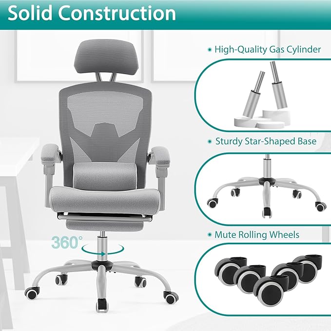 MCQ Office Computer Desk Chair, Gaming Chairs for Adults, High-Back Mesh Rolling Swivel Reclining Chairs with Wheels, Comfortable Lumbar Support, Comfy Arms for Home, Office, Gaming, Student, Grey - LeafyLoom