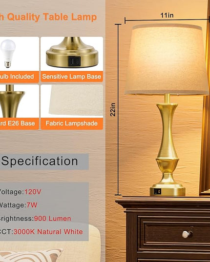 Touch Lamps for Bedrooms Set of 2 - Nightstand Table Lamp with USB C+A, 3 Way Dimmable Bedside Lamps for Living Room End Tables Set of 2, Farmhouse Night Stand Lamps(Brown&Gold) - LeafyLoom