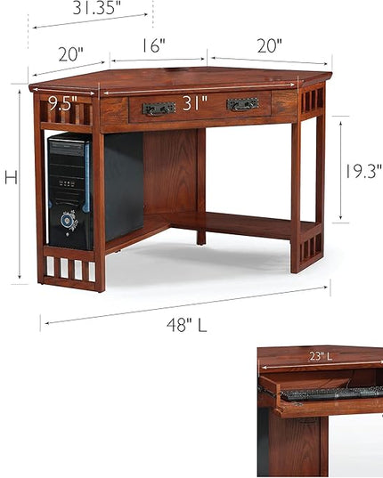 Leick Home 82430 Mission Corner Desk, Writing Computer Desk with Drop Front Keyboard Drawer, for Home Office, Solid Wood, Mission Oak - LeafyLoom