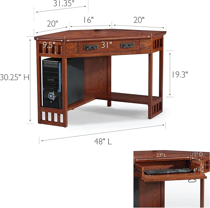 Leick Home 82430 Mission Corner Desk, Writing Computer Desk with Drop Front Keyboard Drawer, for Home Office, Solid Wood, Mission Oak - LeafyLoom