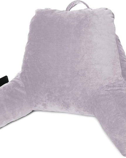 Clara Clark Reading Pillow for Kids, Small Back Pillow for Sitting Up in Bed, Memory Foam Back Support Pillow, Reading Pillows for Sitting in Bed, Grey Lavender Gaming Pillow with Arms and Pockets - LeafyLoom