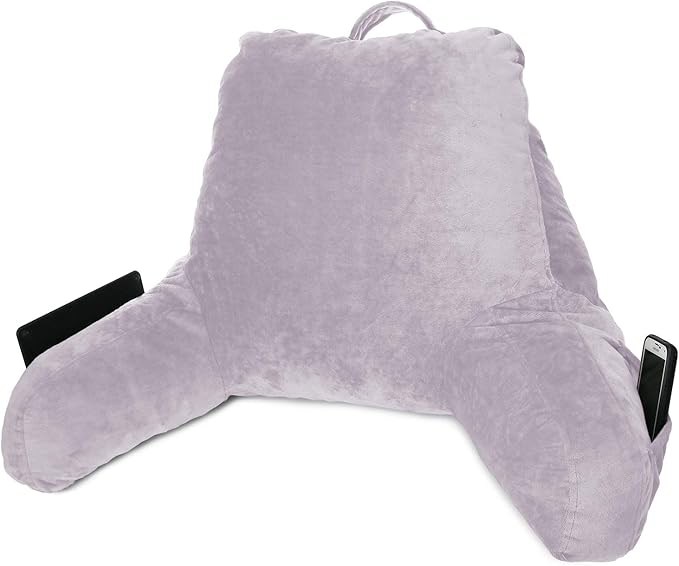 Clara Clark Reading Pillow for Kids, Small Back Pillow for Sitting Up in Bed, Memory Foam Back Support Pillow, Reading Pillows for Sitting in Bed, Grey Lavender Gaming Pillow with Arms and Pockets - LeafyLoom