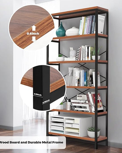Himimi 6-Tier Bookshelf,Tall Bookcase Industrial Wood Storage Rack with Open Book Shelves,Modern Metal Standing Organizer,Vintage Deep Display Rack for Living Room, Office, Bedroom, Rustic Brown - LeafyLoom