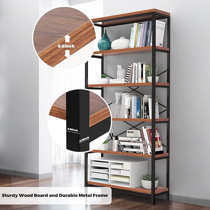 Himimi 6-Tier Bookshelf,Tall Bookcase Industrial Wood Storage Rack with Open Book Shelves,Modern Metal Standing Organizer,Vintage Deep Display Rack for Living Room, Office, Bedroom, Rustic Brown - LeafyLoom