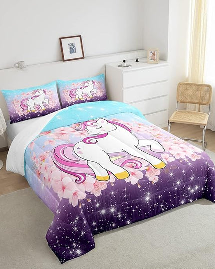Unicorn Comforter Set Queen, Kids Unicorn Floral Bedding for Girls Boys Children Bedroom Decor, Cherry Blossoms Glitter Down Comforter Galaxy Kawaii Quilt Set with 2 Pillowcases, Blue Purple Ombre - LeafyLoom