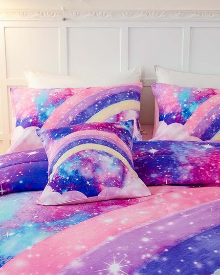 6 Pcs Tie Dye Pink Twin Comforter Set for Girls, 3D Rainbow Galaxy Gradient Themed Bed in A Bag, Pastle Nebula Kids Bedding Set with Sheets, Comforter and Pillowcases for All Season - LeafyLoom