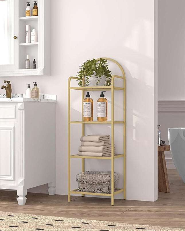 Bookcase Bookshelf, Tempered Glass Bookshelves, Slim Shelving Unit for Bedroom, Bathroom, Home Office, Steel Frame, 4 Tier Gold BC04001G - LeafyLoom