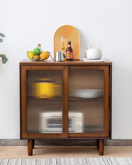 Tiita Bamboo Sideboard Buffet Cabinet, Rattan Kitchen Storage Cabinet, Boho Coffee Bar Tables for Kitchen Living Room Hallway Office, Walnut - LeafyLoom