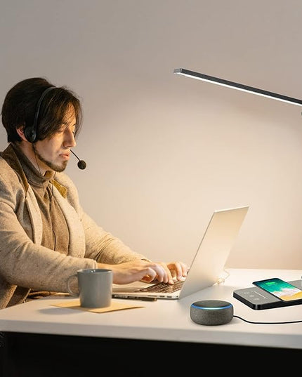 LED Desk Lamp for Home Office, 3 Levels Dimmable Desk Light with USB Charging Port, Small Study Lamp, Reading Light for Table, Deep Black, 5000K - LeafyLoom
