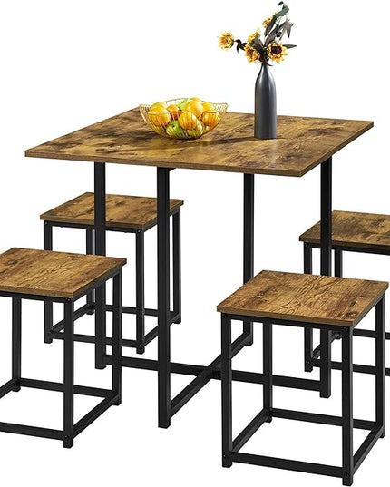 Yaheetech 5 Piece Dining Table & Chair Set - Compact Dining Table Sets Small Kitchen Table with 4 Stools for Dining Room Small Space -Rustic Brown - LeafyLoom