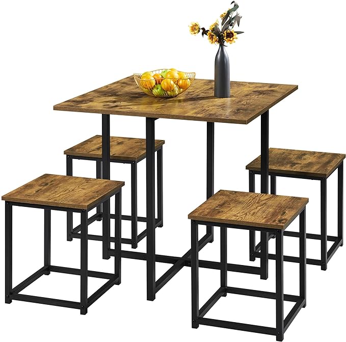 Yaheetech 5 Piece Dining Table & Chair Set - Compact Dining Table Sets Small Kitchen Table with 4 Stools for Dining Room Small Space -Rustic Brown - LeafyLoom