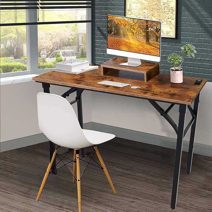 TEMI Computer Desk with Power Outlet and Monitor Shelf Included 43.3" Length Folding Table, Office Desk for Home, No Assembly Desk with Stable Black Frame, Rustic Brown - LeafyLoom