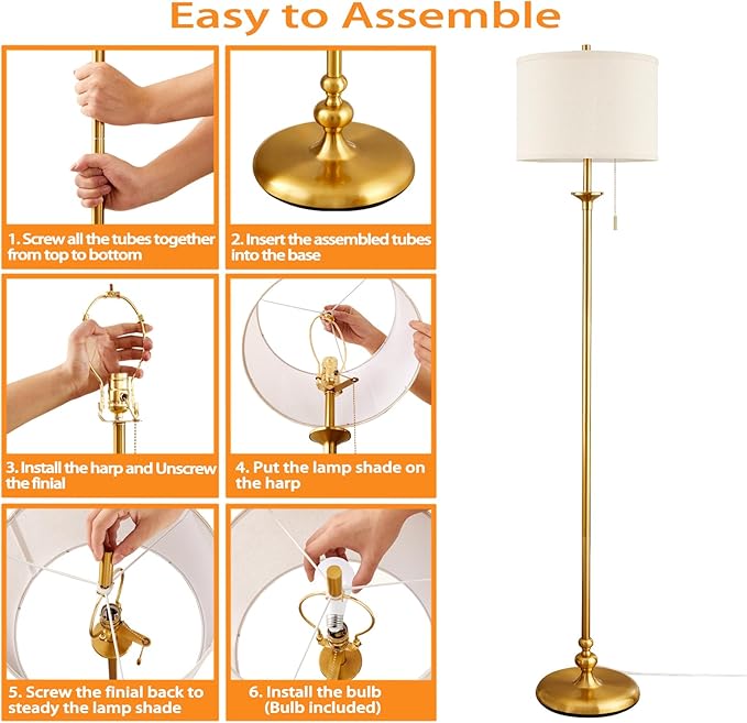Luvkczc Modern Floor Lamp, 60" Standing Lamp for Living Room with Pull Chain Switch, Corner Tall Soft Lighting for Bedroom, Office, Dining Room, Farmhouse (Bulb Included),Gold - LeafyLoom