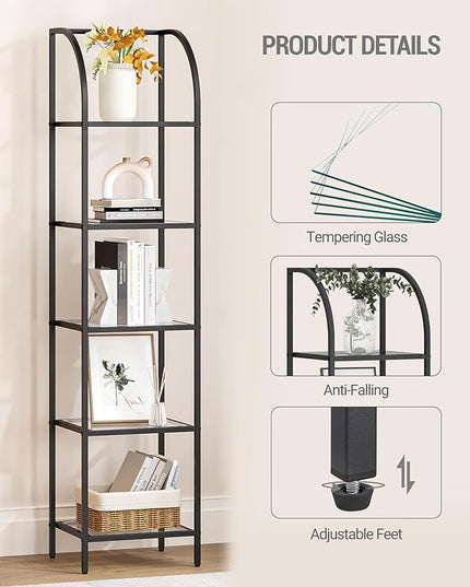 Bookcase Bookshelf, Tempered Glass Arched Bookshelf for More Storage, Slim Shelving Unit for Bedroom, Bathroom, Home Office, Steel Frame, 5 Tier Black BC20599B - LeafyLoom