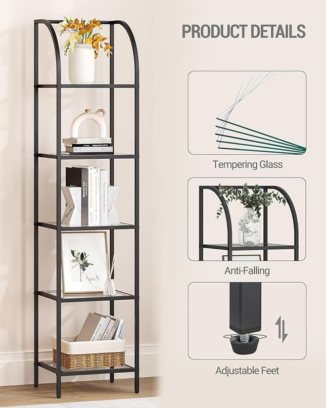 Bookcase Bookshelf, Tempered Glass Arched Bookshelf for More Storage, Slim Shelving Unit for Bedroom, Bathroom, Home Office, Steel Frame, 5 Tier Black BC20599B - LeafyLoom