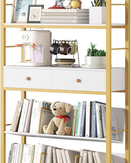 Bookshelf with Drawers- Widen Industrial Book Shelf with Bookend, 5 Tiers Tall Storage Shelves, Steel Frame Display Rack, Suitable for Bedroom, Office, Living Room-27'' Depth White - LeafyLoom