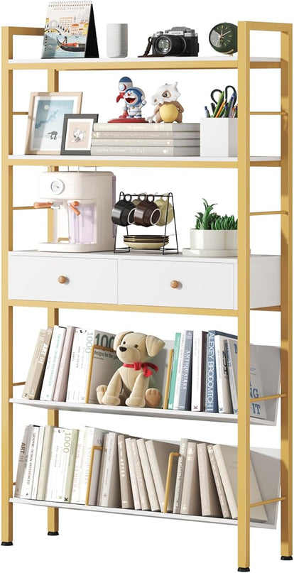 Bookshelf with Drawers- Widen Industrial Book Shelf with Bookend, 5 Tiers Tall Storage Shelves, Steel Frame Display Rack, Suitable for Bedroom, Office, Living Room-27'' Depth White - LeafyLoom