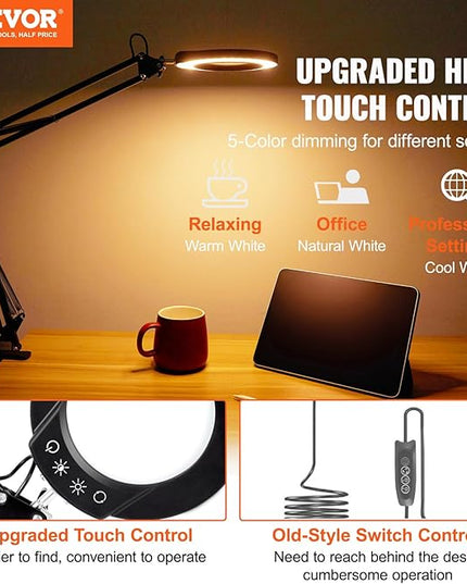 VEVOR Magnifying Glass with Light, 5X Magnifying Lamp, 4.3" Glass Lens, Desk Magnifier with Light, 64 LED Lights 5 Color Modes, with Clamp for Close Work, Reading, Repair Crafts - LeafyLoom