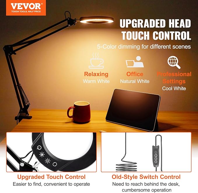 VEVOR Magnifying Glass with Light, 5X Magnifying Lamp, 4.3" Glass Lens, Desk Magnifier with Light, 64 LED Lights 5 Color Modes, with Clamp for Close Work, Reading, Repair Crafts - LeafyLoom