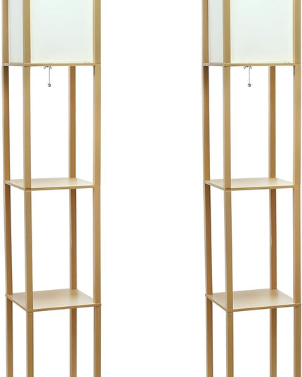 Simple Designs LF1014-TAN-2PK Three Shelf Etagere Organizer Storage Floor Lamp 2 Pack Set with White Linen Shade for Living Room, Bedroom, Office, Hallway, Tan - LeafyLoom