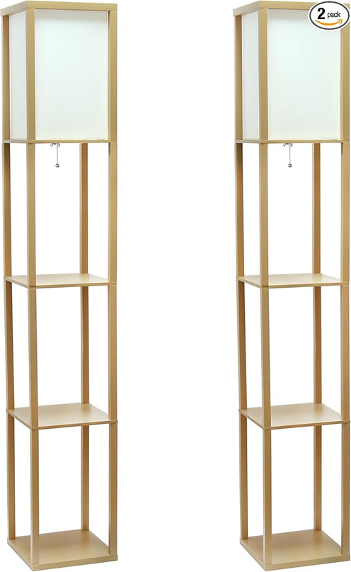 Simple Designs LF1014-TAN-2PK Three Shelf Etagere Organizer Storage Floor Lamp 2 Pack Set with White Linen Shade for Living Room, Bedroom, Office, Hallway, Tan - LeafyLoom