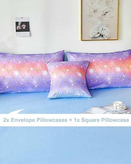 PERFEMET Mermaid Scales Queen Comforter Set 6 Pieces Purple Orange Comforter for Queen Size Bed Teen Girls Glitter Bedding Set Rainbow Tie Dye Bed in A Bag - LeafyLoom