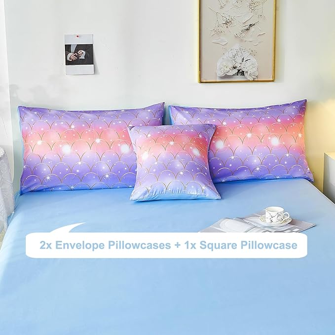 PERFEMET Mermaid Scales Queen Comforter Set 6 Pieces Purple Orange Comforter for Queen Size Bed Teen Girls Glitter Bedding Set Rainbow Tie Dye Bed in A Bag - LeafyLoom