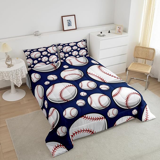 Baseball Bedding Set Sports Theme Comforter Set for Kids Boys Girls Teens 3D Blue Ball Pattern Comforter Breathable Baseball Games Duvet Set Room Decor Quilt Set Queen Size - LeafyLoom