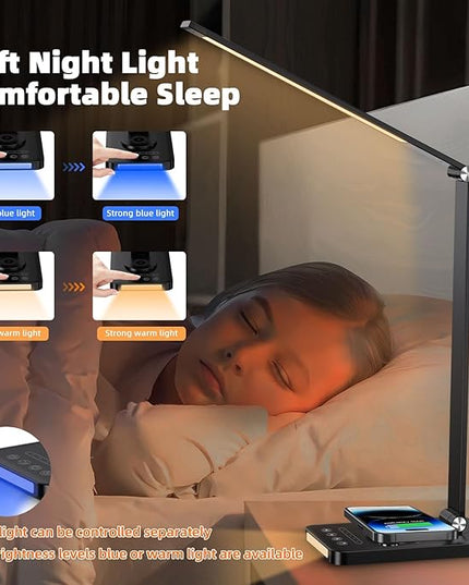 Desk Lamp with Wireless Charger, LED Table Lamps for Home Office, USB Charging Port, Blue and Warm Bedside Night Light, Touch Dimmable, Eye-Caring, Timer, with Adapter, Black - LeafyLoom