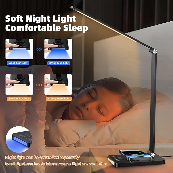 Desk Lamp with Wireless Charger, LED Table Lamps for Home Office, USB Charging Port, Blue and Warm Bedside Night Light, Touch Dimmable, Eye-Caring, Timer, with Adapter, Black - LeafyLoom