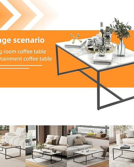 Wisfor Sintered Stone Coffee Table: White Sofa Side Table with Black Metal Frame for Living Room, 39.4x23.6x15.7 Inch - LeafyLoom