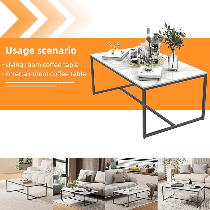 Wisfor Sintered Stone Coffee Table: White Sofa Side Table with Black Metal Frame for Living Room, 39.4x23.6x15.7 Inch - LeafyLoom