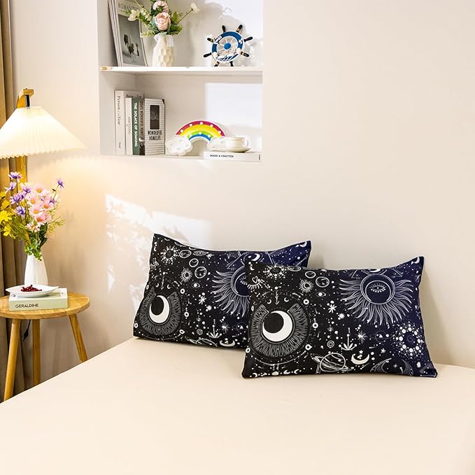 Holawakaka Stars Moon Constellation Print Comforter Set Twin Size Girls Boys Witchy Astrology Zodiac Celestial Bedding Set (Navy Blue,Twin) - LeafyLoom