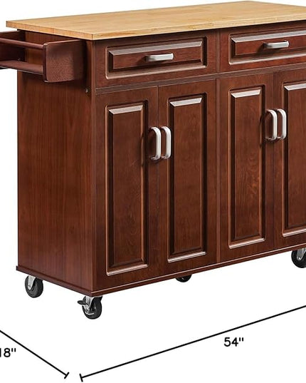 54" Rolling Kitchen Island on Wheels, Large Kitchen Island Cart with Storage Cabinet, Portable Wood Island Table for Kitchen with 2 Drawers and Spice Rack & Towel Rack, Rustic Brown - LeafyLoom
