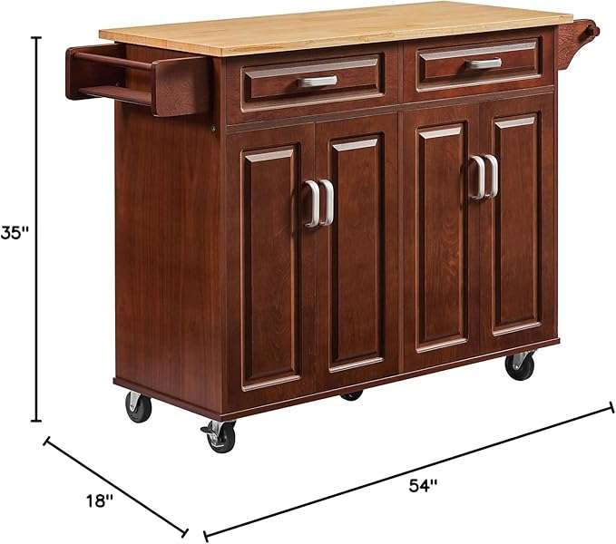 54" Rolling Kitchen Island on Wheels, Large Kitchen Island Cart with Storage Cabinet, Portable Wood Island Table for Kitchen with 2 Drawers and Spice Rack & Towel Rack, Rustic Brown - LeafyLoom