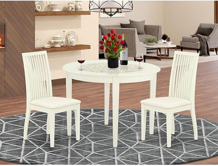 East West Furniture BOIP3-WHI-C 3Pc Dinette Set Includes a Rounded Kitchen Table and Two Linen Fabric Seat Dining Chairs, White Finish, 42x42 Inch - LeafyLoom