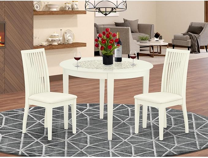 East West Furniture BOIP3-WHI-C 3Pc Dinette Set Includes a Rounded Kitchen Table and Two Linen Fabric Seat Dining Chairs, White Finish, 42x42 Inch - LeafyLoom