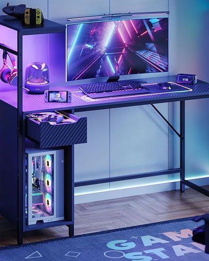 Bestier Gaming Desk with Drawer and LED Lights, 48 inch Computer Desk PC Table with Adjustable Storage Shelves & Hook for Home Office, Carbon Fiber Black - LeafyLoom