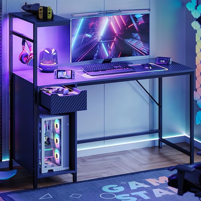 Bestier Gaming Desk with Drawer and LED Lights, 48 inch Computer Desk PC Table with Adjustable Storage Shelves & Hook for Home Office, Carbon Fiber Black - LeafyLoom
